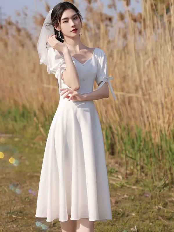 Eric White Evening Dress A-Line Square Neck Half Sleeves Zipper Stretch Crepe Tea-Length Social Party Dresses