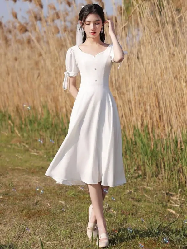 Eric White Evening Dress A-Line Square Neck Half Sleeves Zipper Stretch Crepe Tea-Length Social Party Dresses