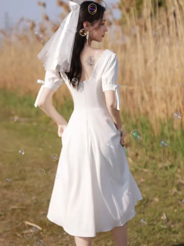 Eric White Evening Dress A-Line Square Neck Half Sleeves Zipper Stretch Crepe Tea-Length Social Party Dresses