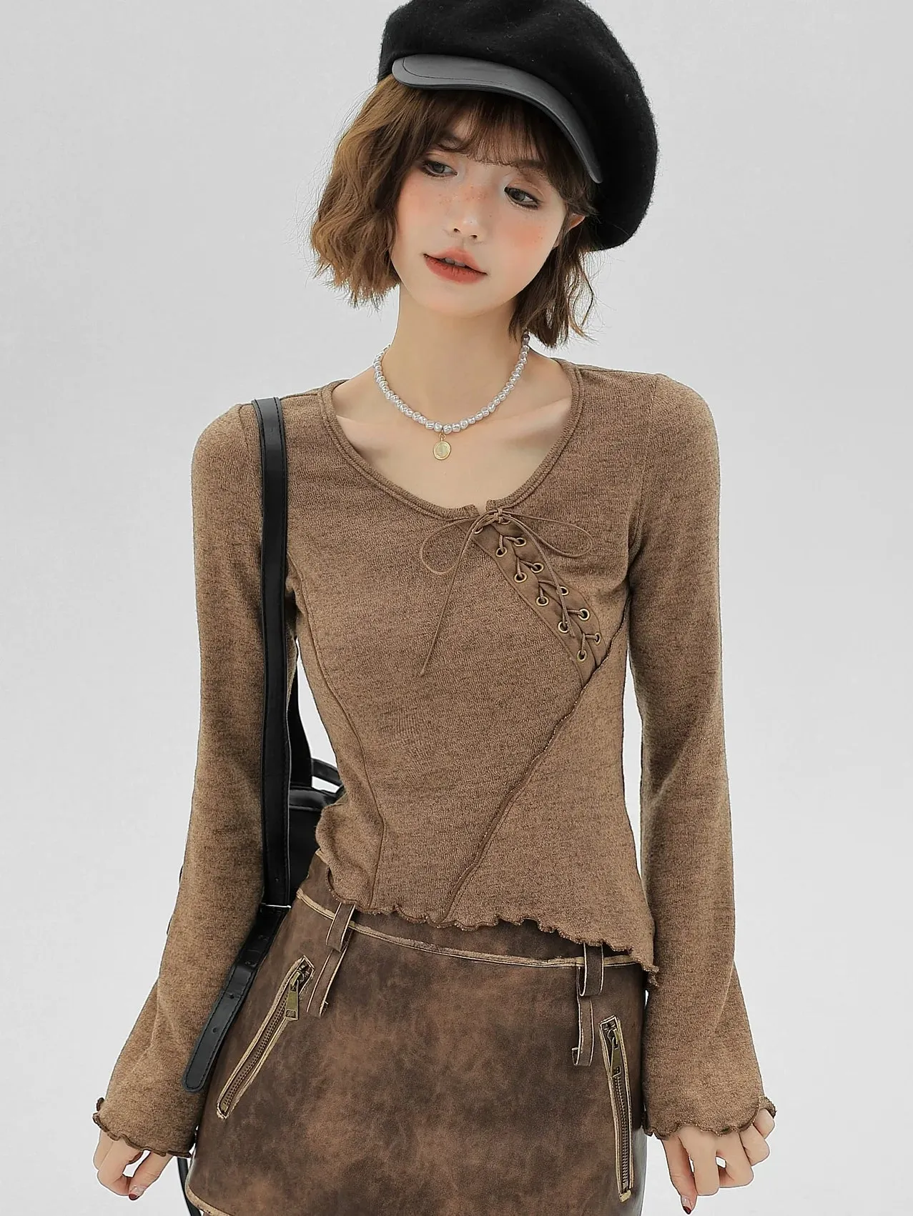 Flared Lace-up Sleeve Ruffle Long T Small
