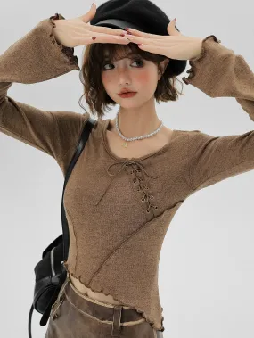 Flared Lace-up Sleeve Ruffle Long T Small