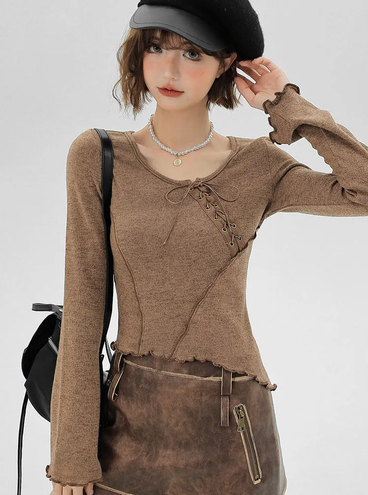 Flared Lace-up Sleeve Ruffle Long T Small