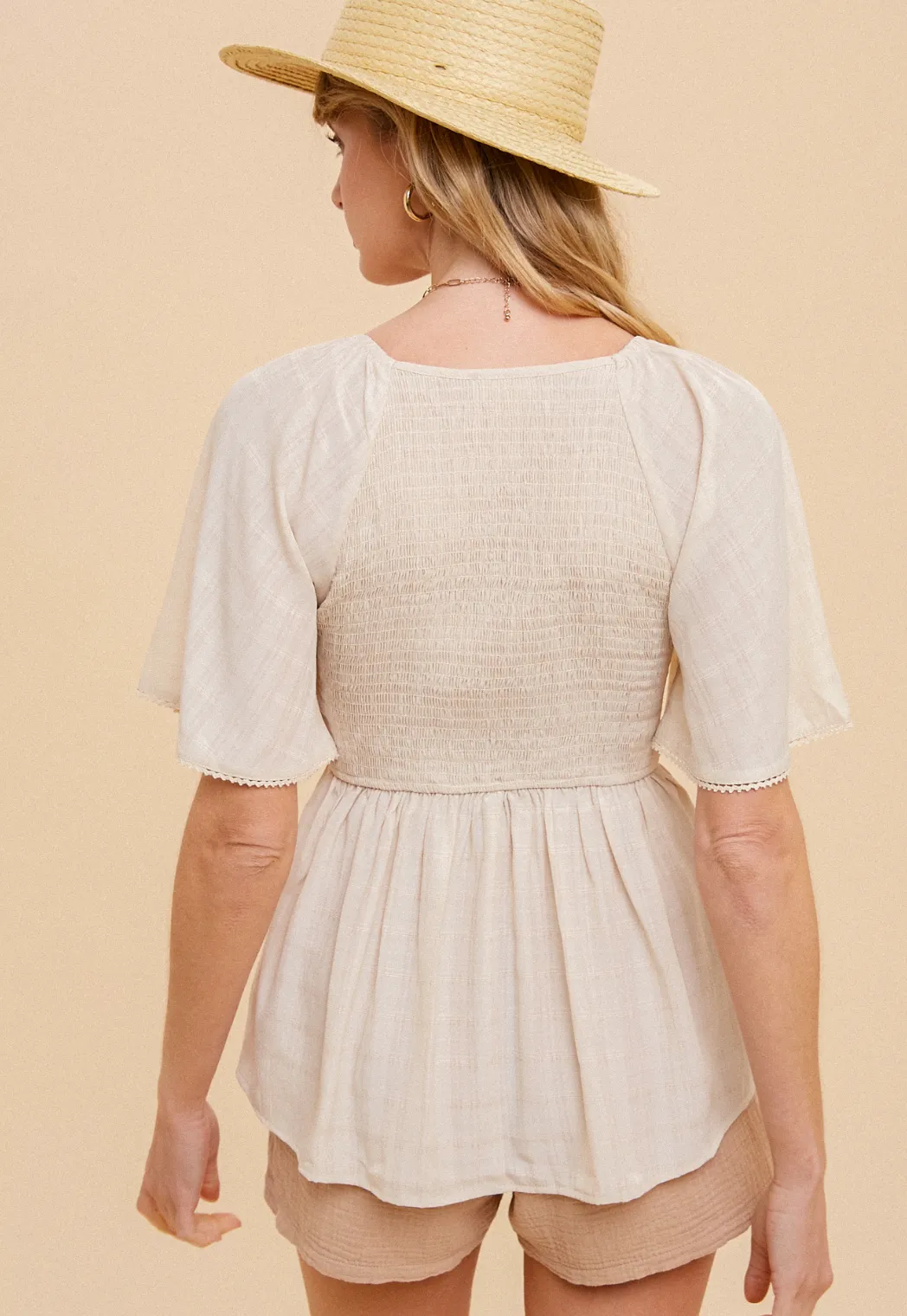 H&T Wheat Smocked Peplum Top