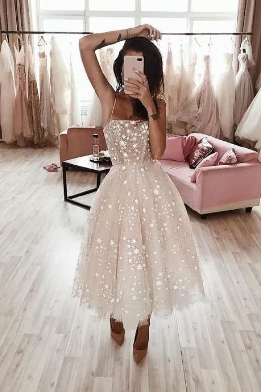 Ivory Spaghetti Strap Tea Length Starry Tulle Homecoming Dress Midi Prom Dresses