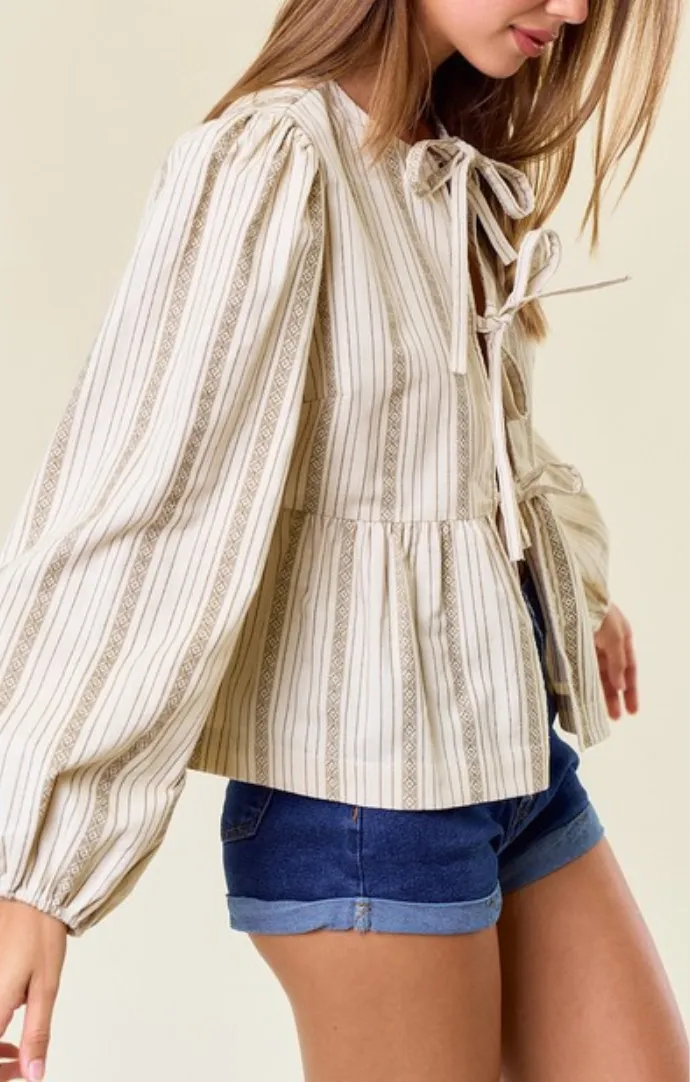 Kira Cream Striped Tie Front Blouse