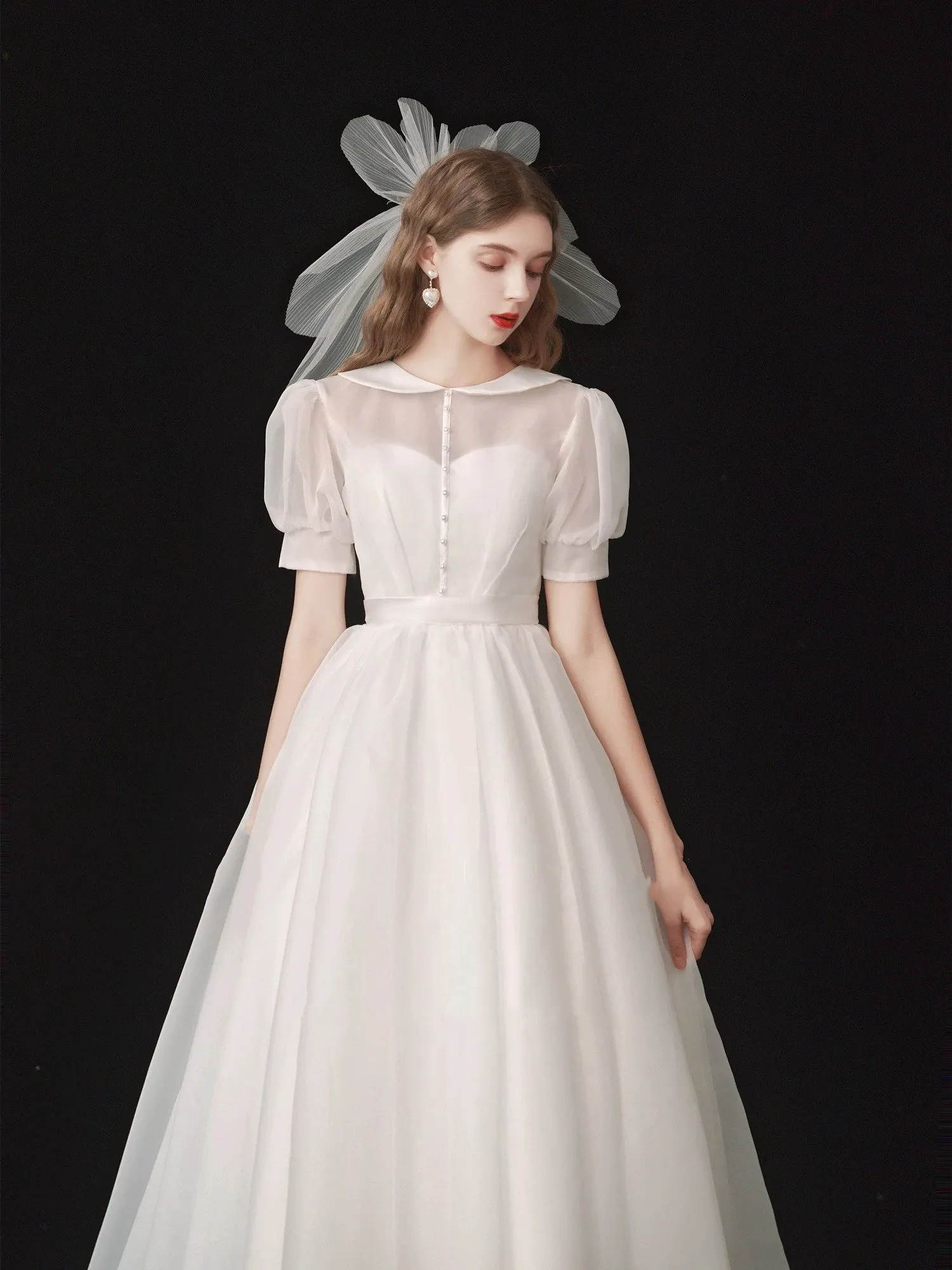 Modest Organza Tea Length 50s Wedding Dress with Short Sleeves