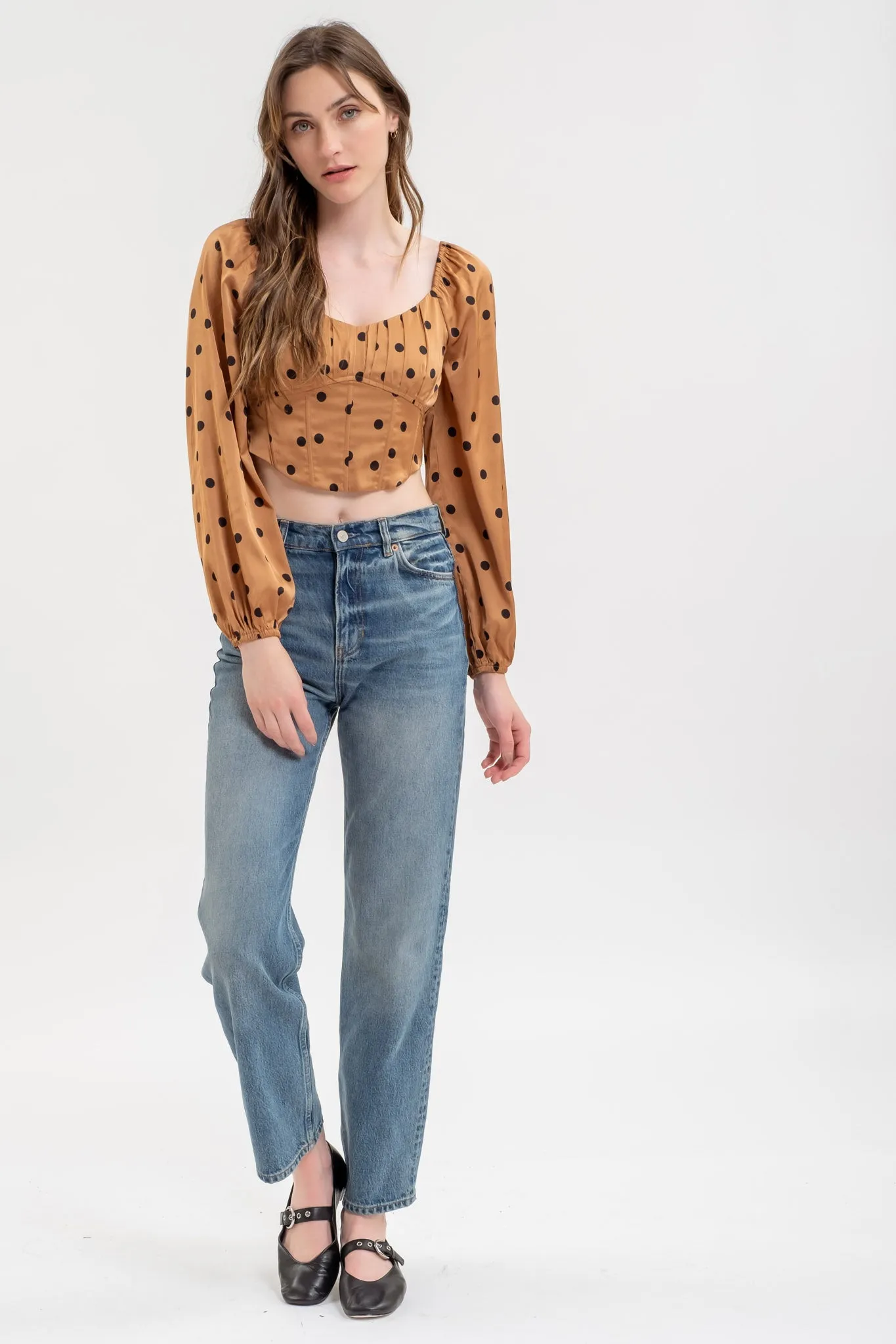 POLKA DOT LONG SLEEVE BACK TIE CORSET CROP TOP