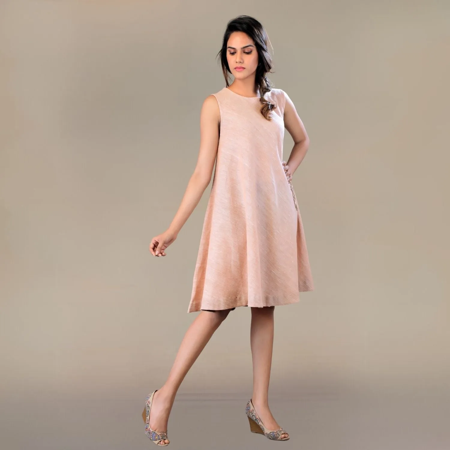 Rylie Fit & Flare Cotton Dress | Hand-Embroidered | Floral Design |  Muted Almond
