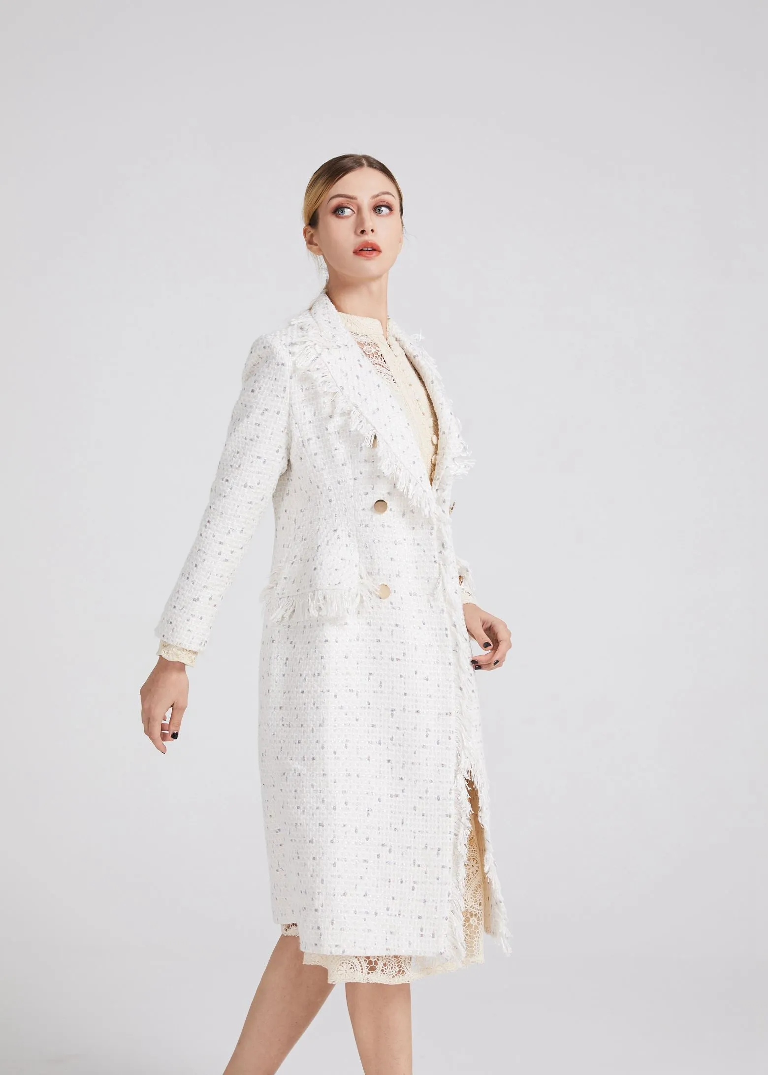 Tassel Double Breasted Belted Tweed Long Coat