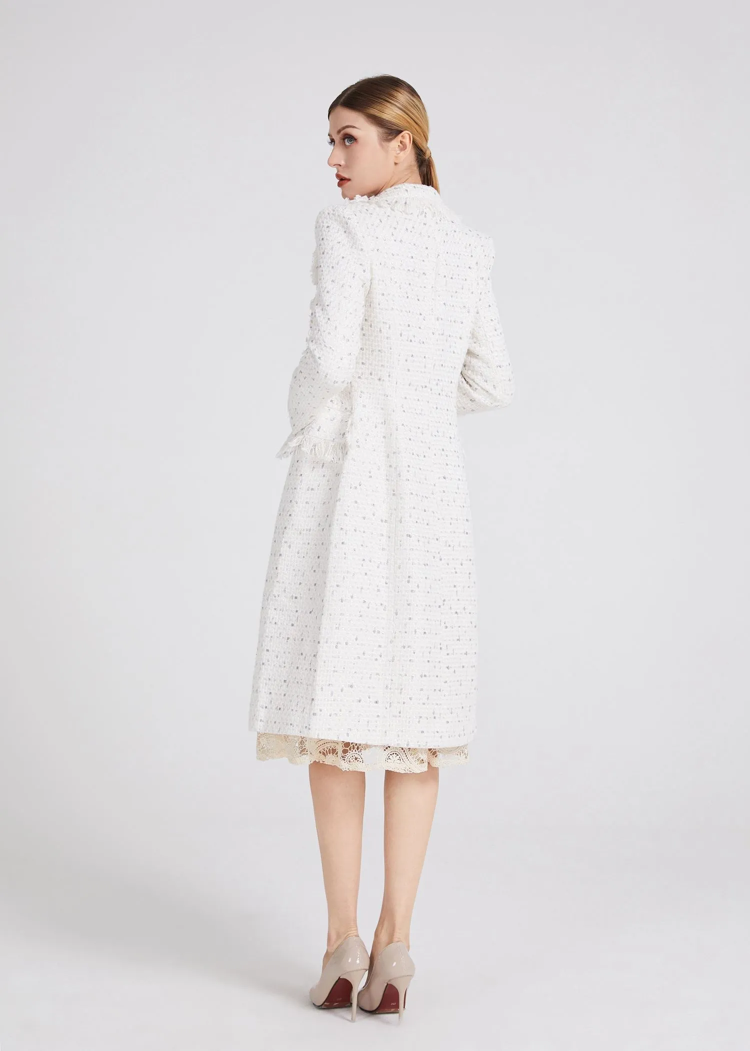 Tassel Double Breasted Belted Tweed Long Coat