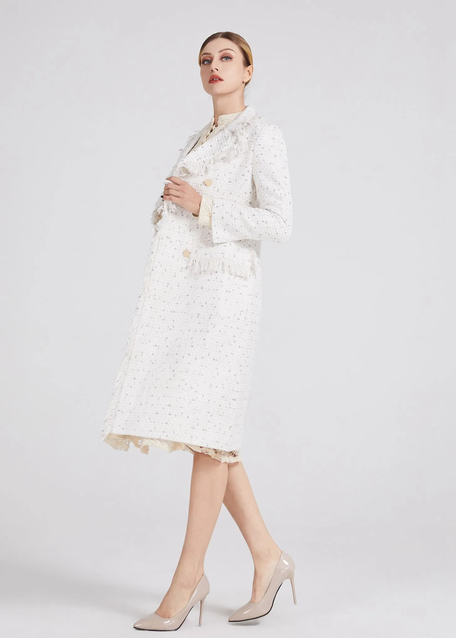 Tassel Double Breasted Belted Tweed Long Coat