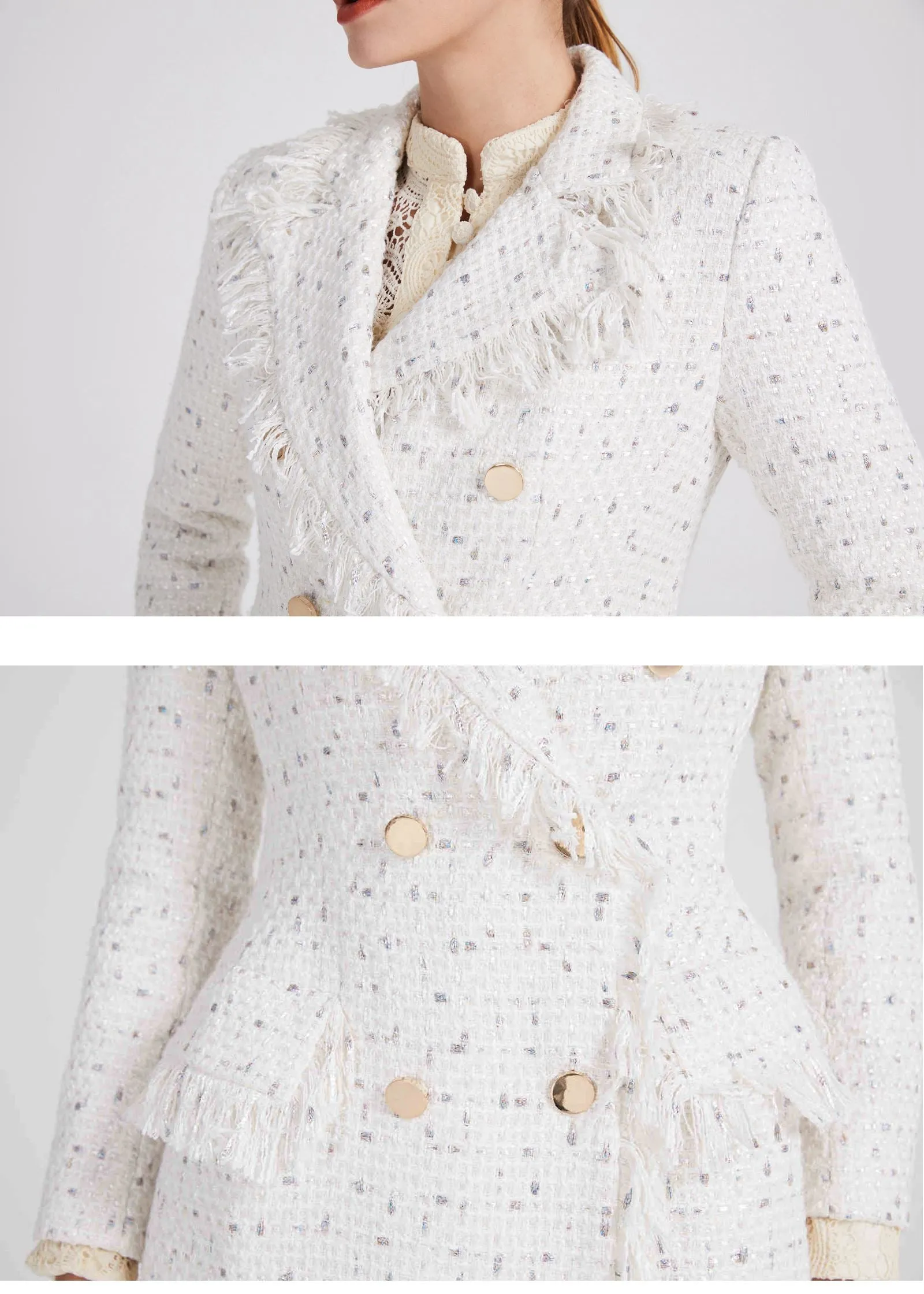 Tassel Double Breasted Belted Tweed Long Coat