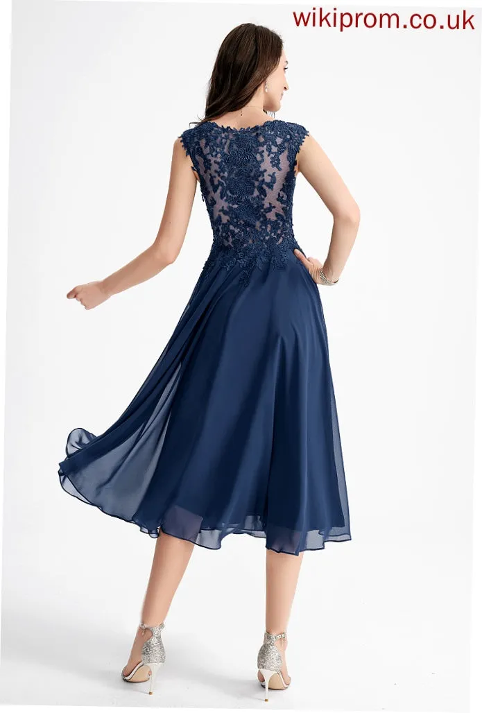 Tea-Length Chiffon Helena V-neck A-Line Dress Cocktail Cocktail Dresses Lace