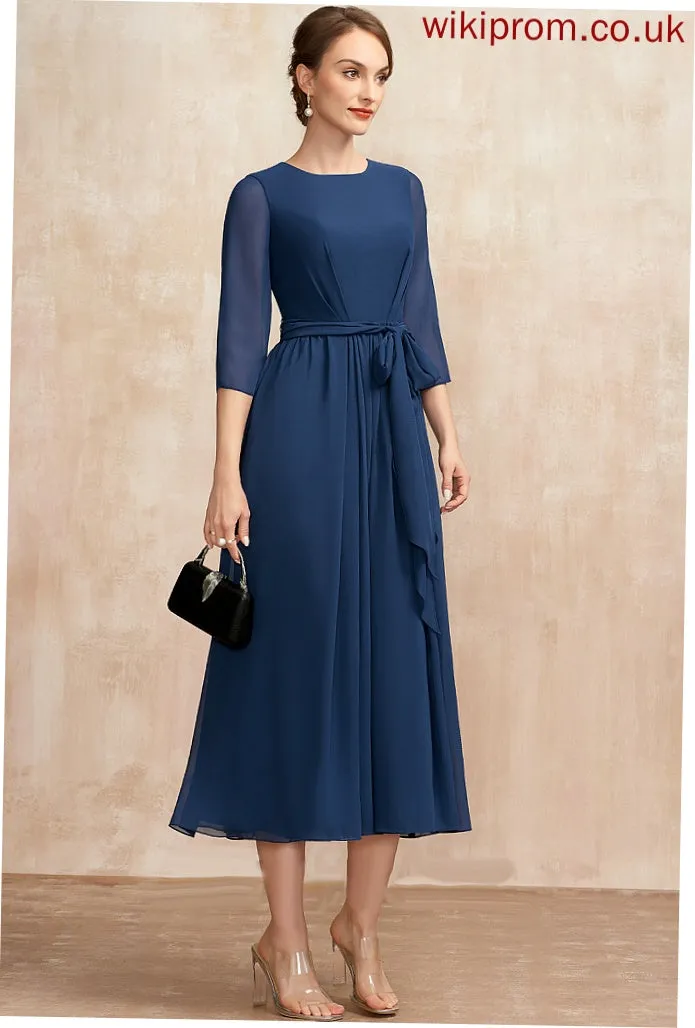 the Mother With of Bow(s) Monica Bride Mother of the Bride Dresses A-Line Scoop Tea-Length Dress Neck Chiffon Ruffle