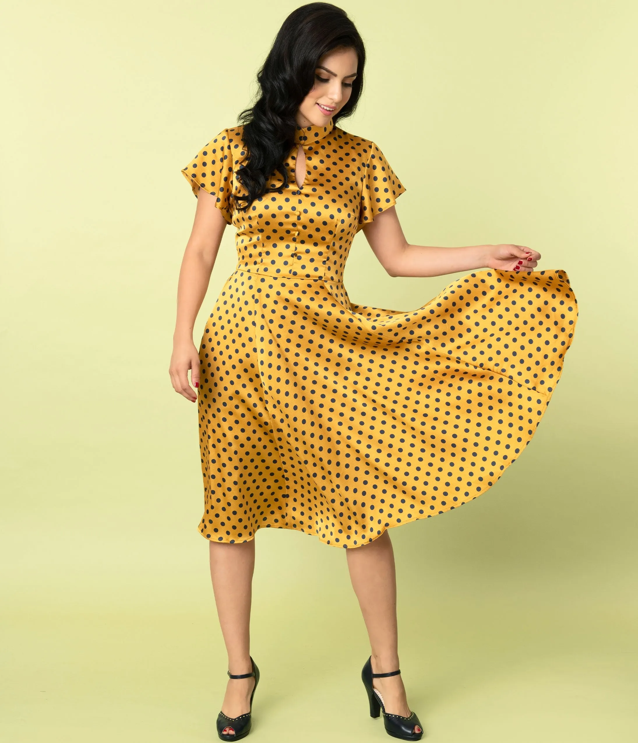 Unique Vintage 1950s Mustard & Navy Polka Dot Baltimore Swing Dress
