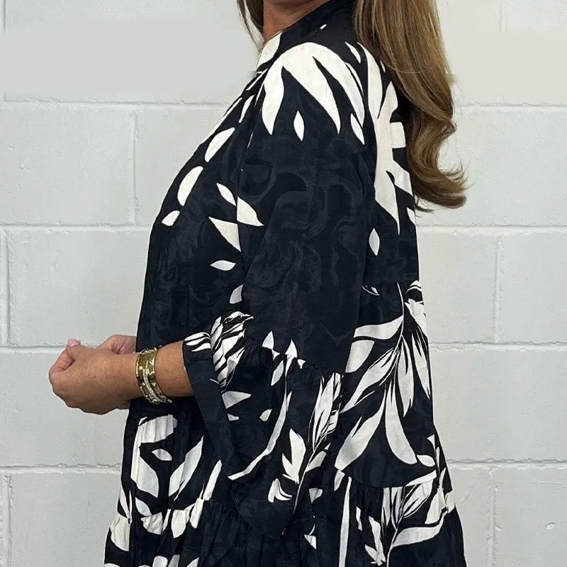 V-Neck Floral Flared Sleeve Ruffle Hem Top
