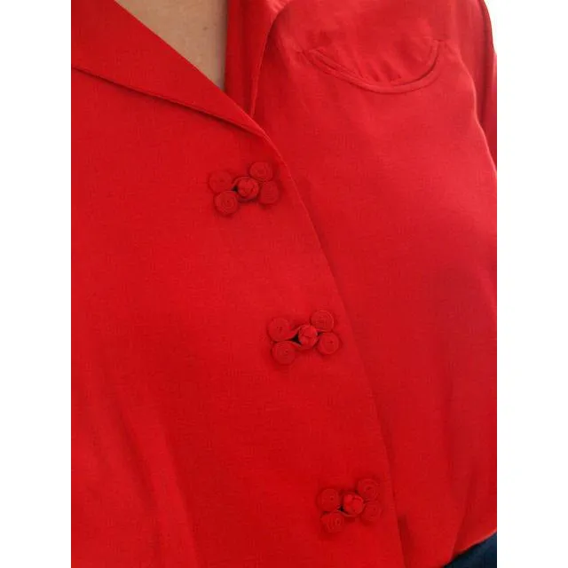Vintage Red Raw Silk Blouse Short Sleeve  Smile Pocket Dynasty 1940s 37-29
