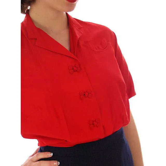 Vintage Red Raw Silk Blouse Short Sleeve  Smile Pocket Dynasty 1940s 37-29