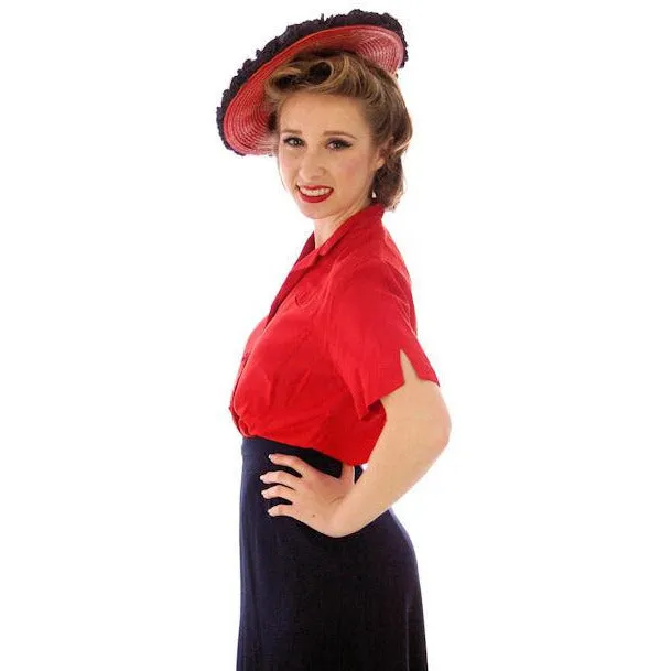 Vintage Red Raw Silk Blouse Short Sleeve  Smile Pocket Dynasty 1940s 37-29